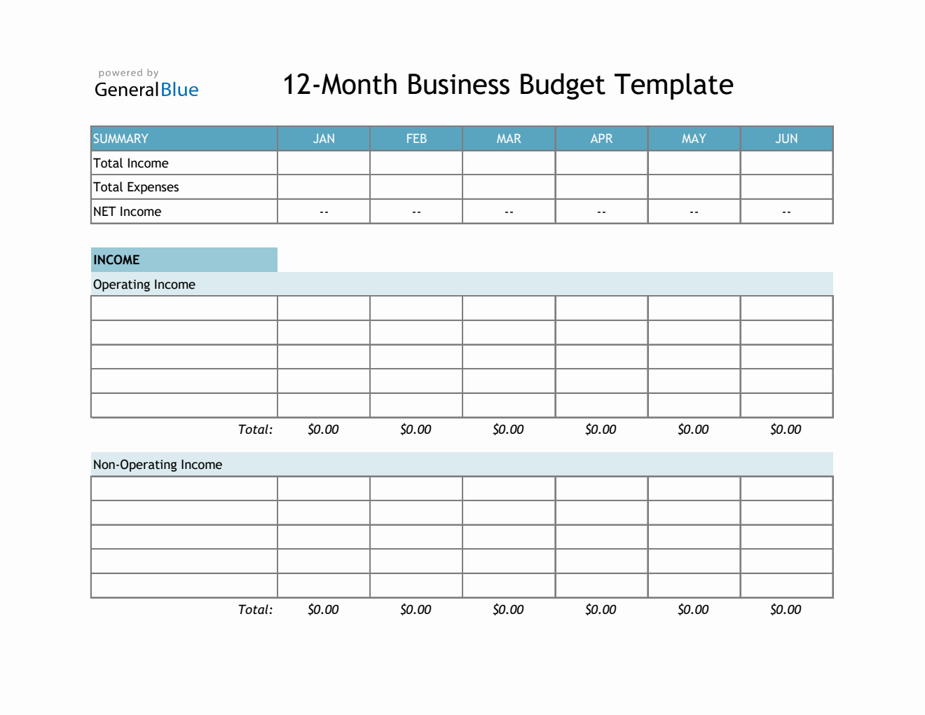 12-Month Business Budget Template in Excel