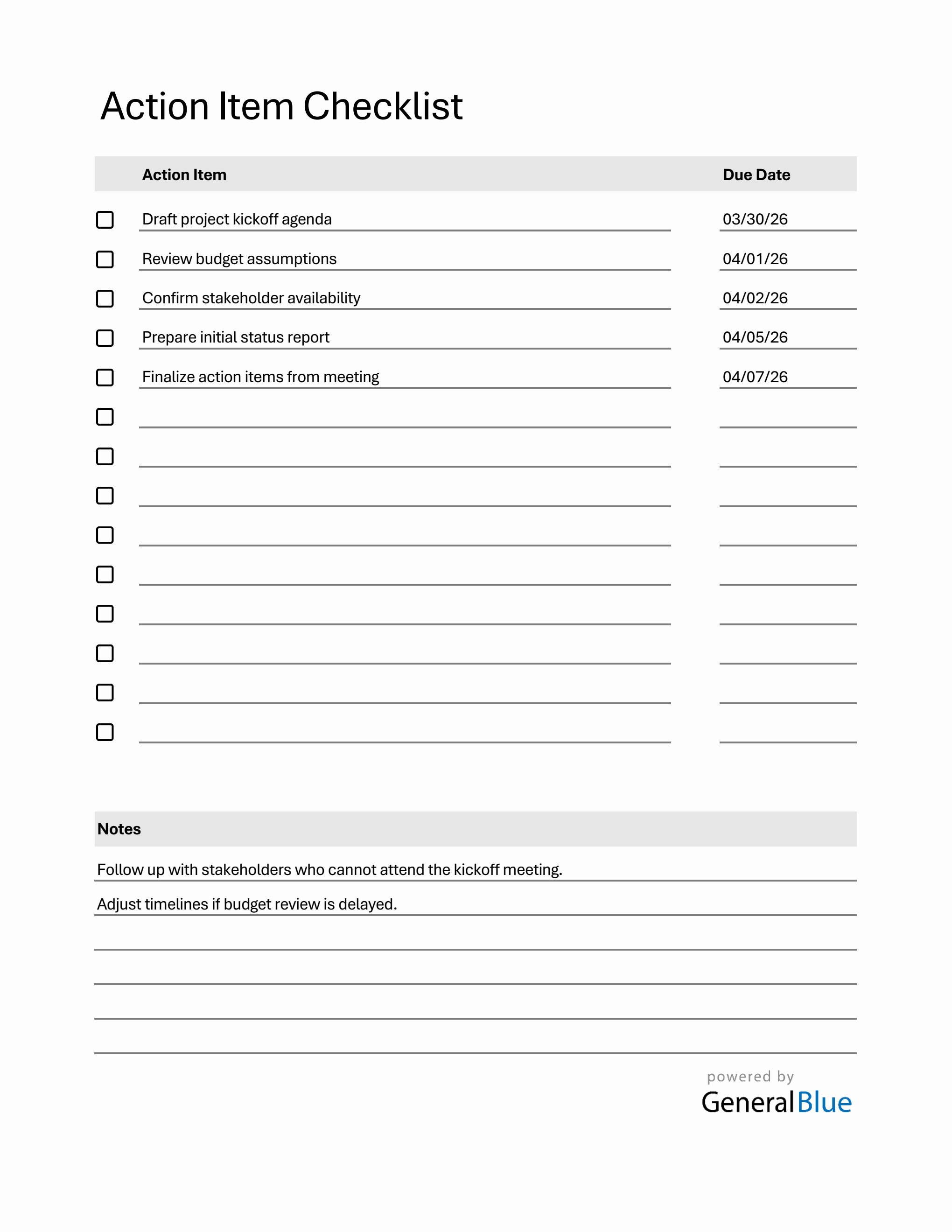Action Item Checklist Template (Excel)