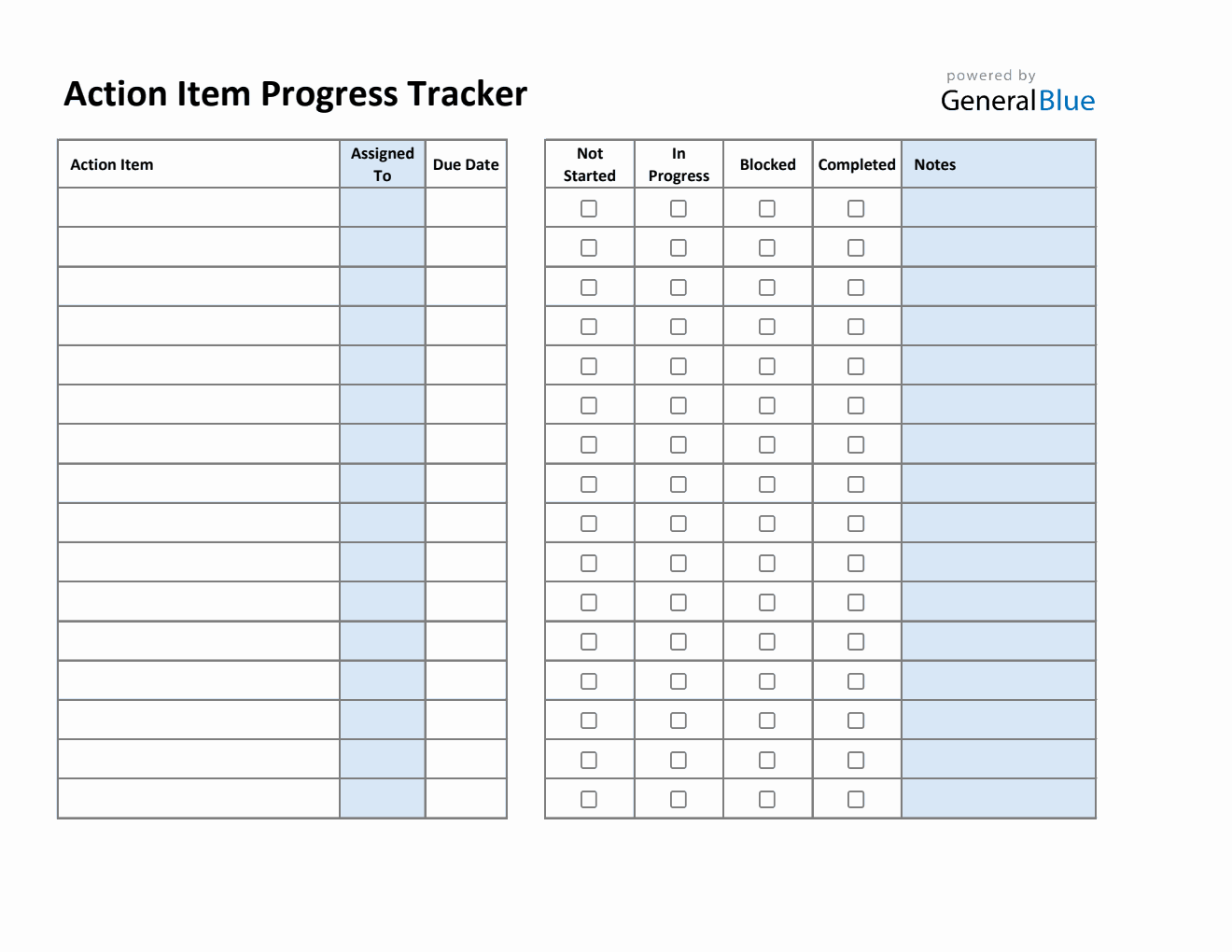 Editable Action Item Progress Tracker (Excel Format)