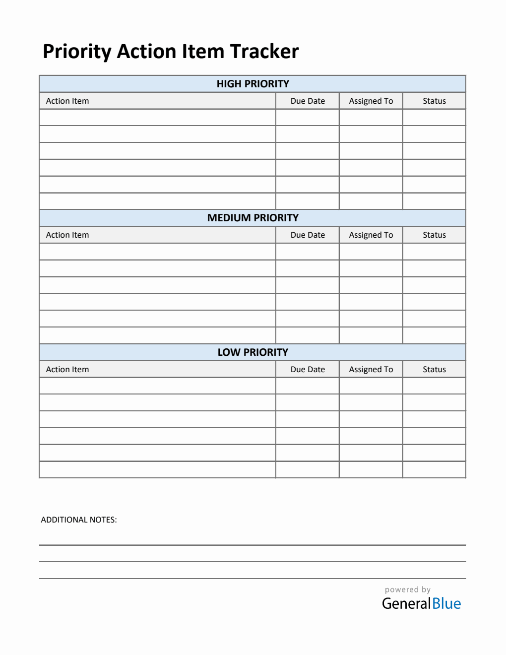 Blank Action Item Template Excel with Priority Levels