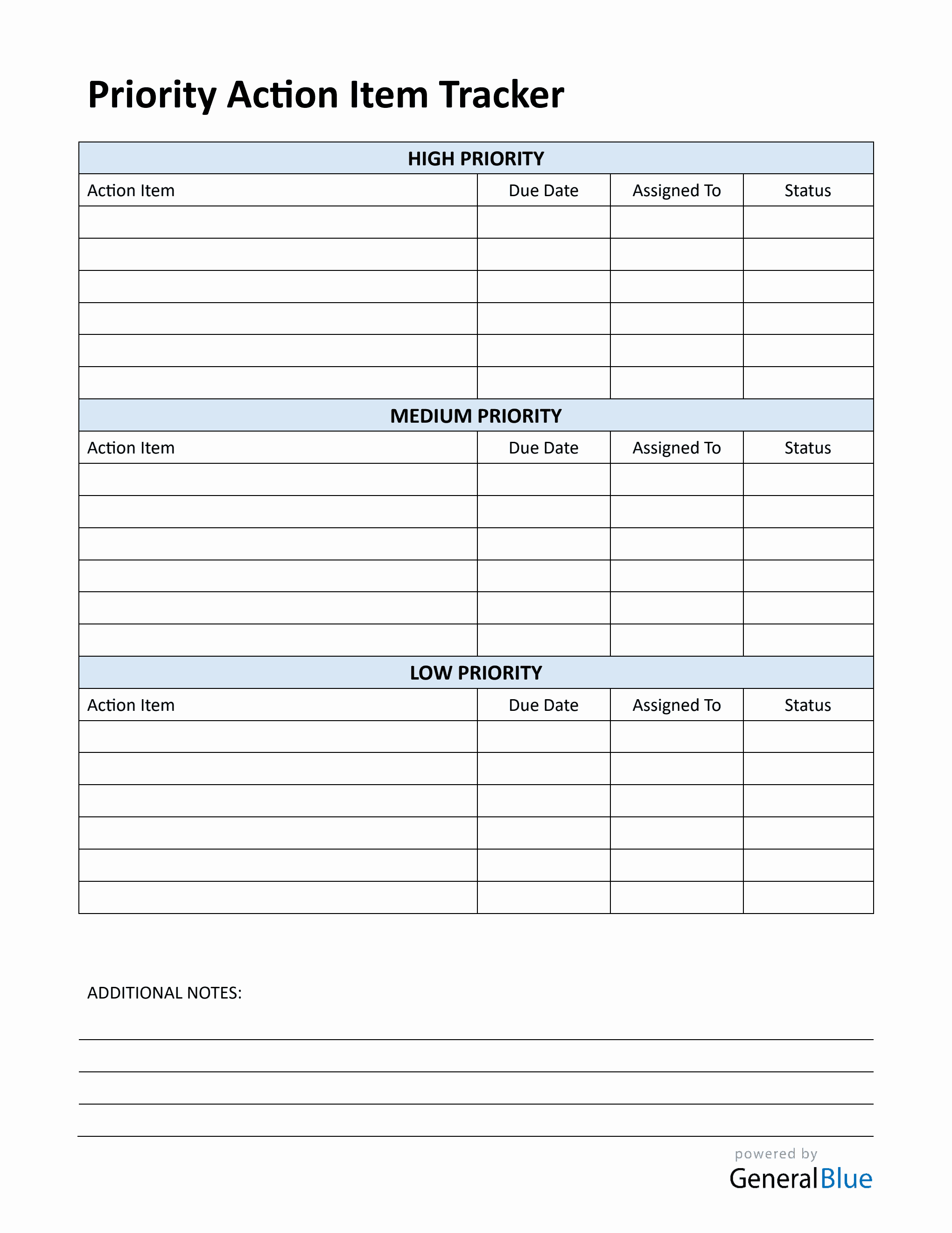 Blank Action Item Template Word with Priority Levels