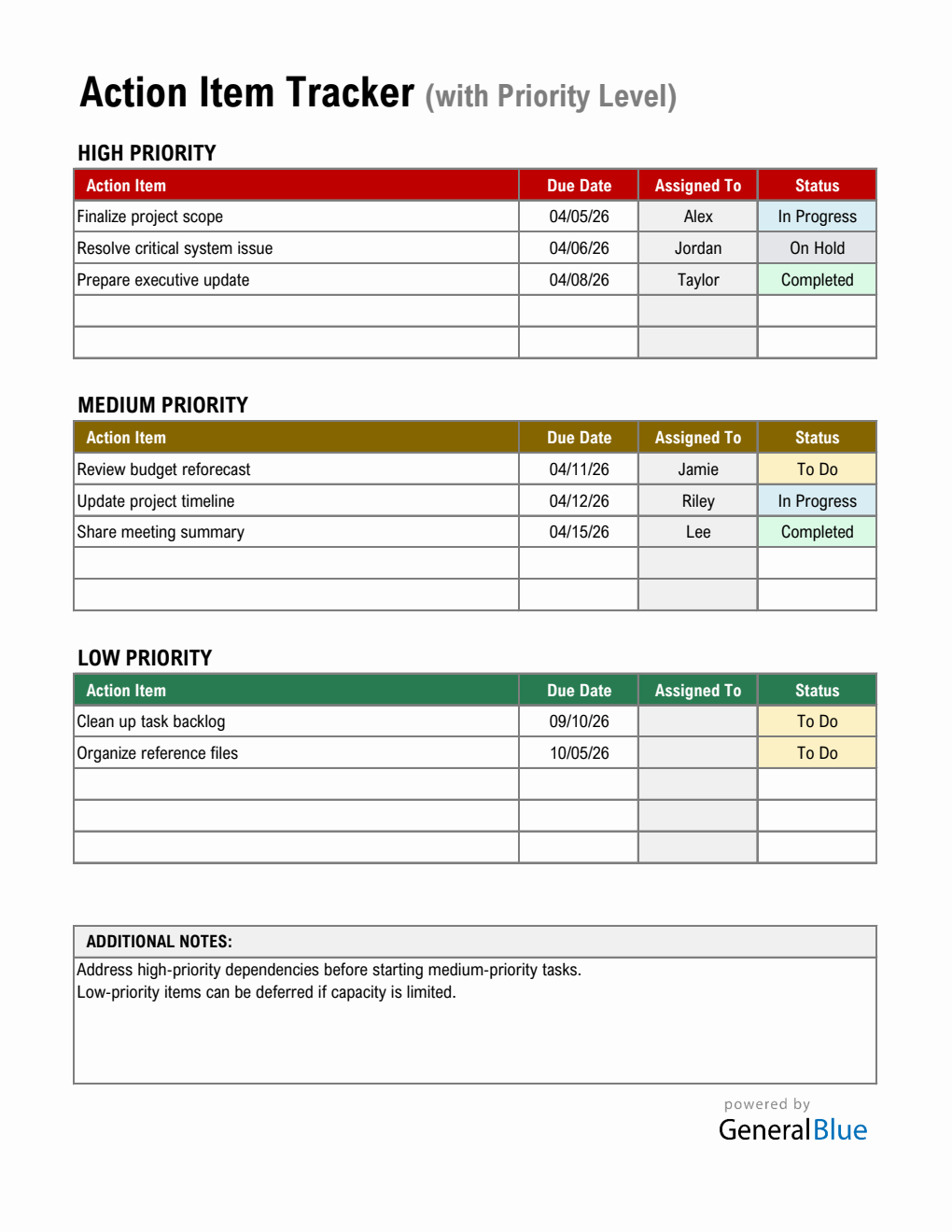  Action Item Template Excel with Priority Levels