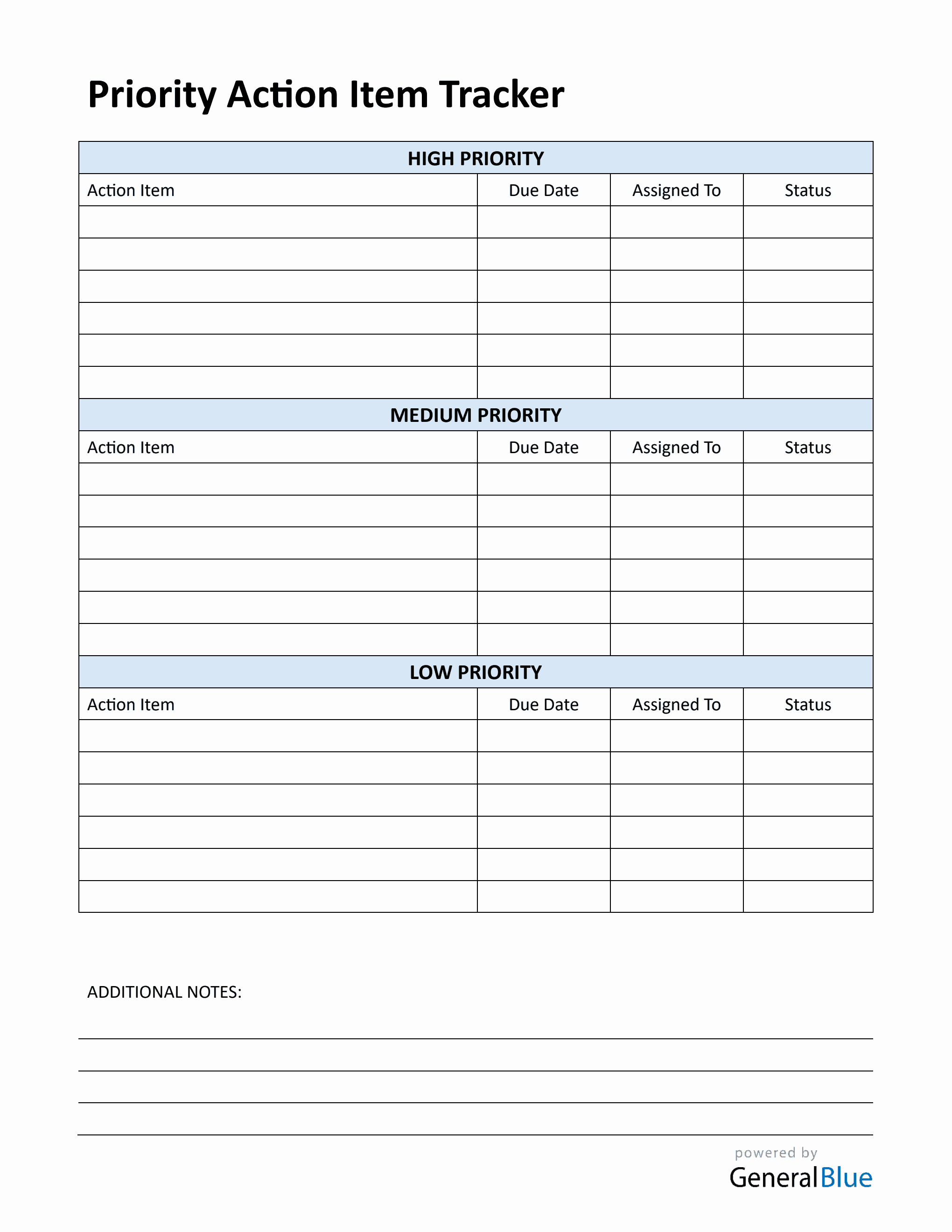 Action List.pdf Blank Action Item Template PDF with Priority Levels