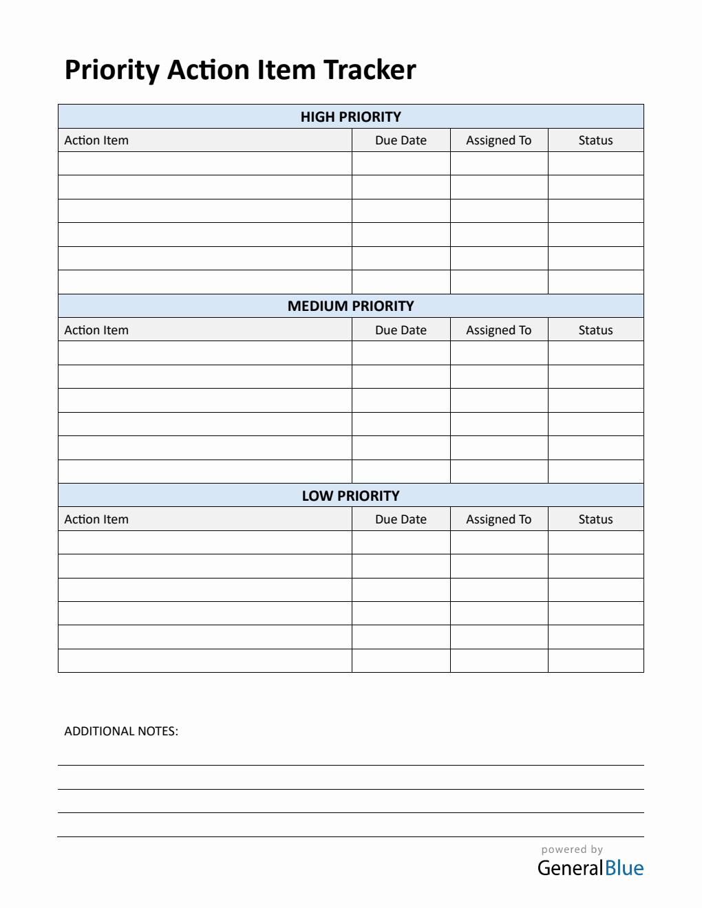 Blank Action Item Template PDF with Priority Levels