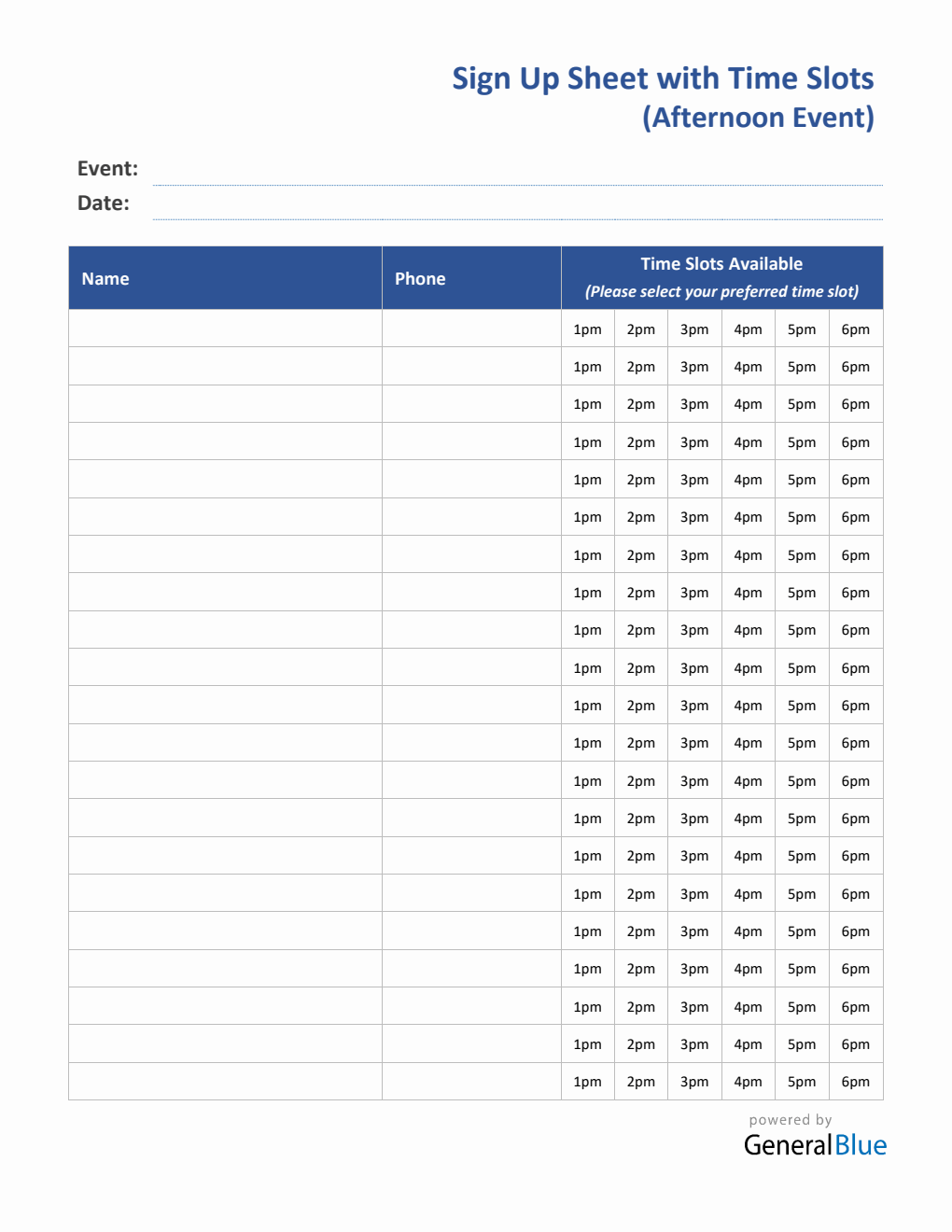 Afternoon Time Slot Sign Up Sheet in Word