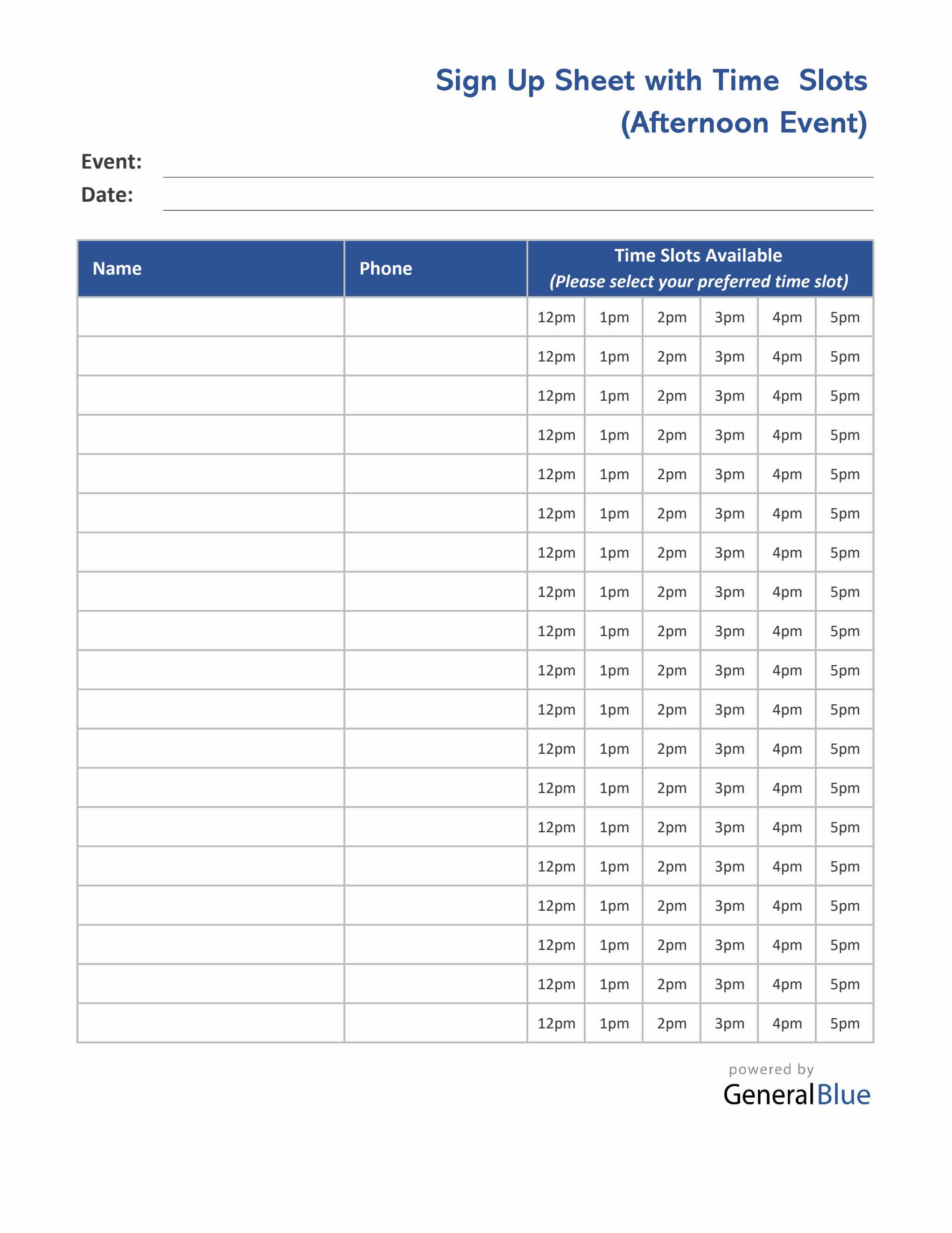Afternoon Time Slot Sign Up Sheet in Excel