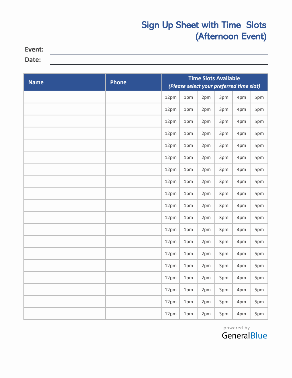 Afternoon Time Slot Sign Up Sheet in Excel