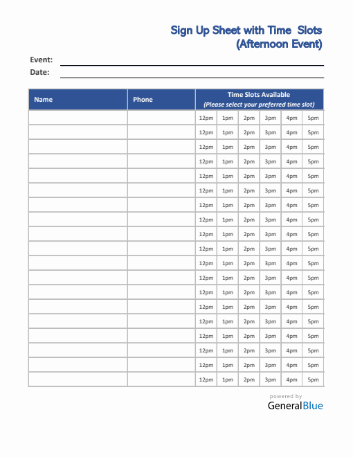 Afternoon Time Slot Sign Up Sheet in Excel