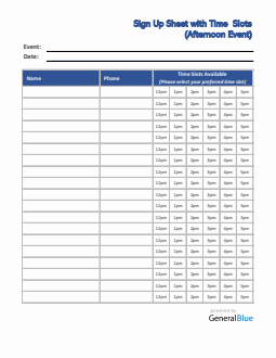 Afternoon Time Slot Sign Up Sheet in PDF