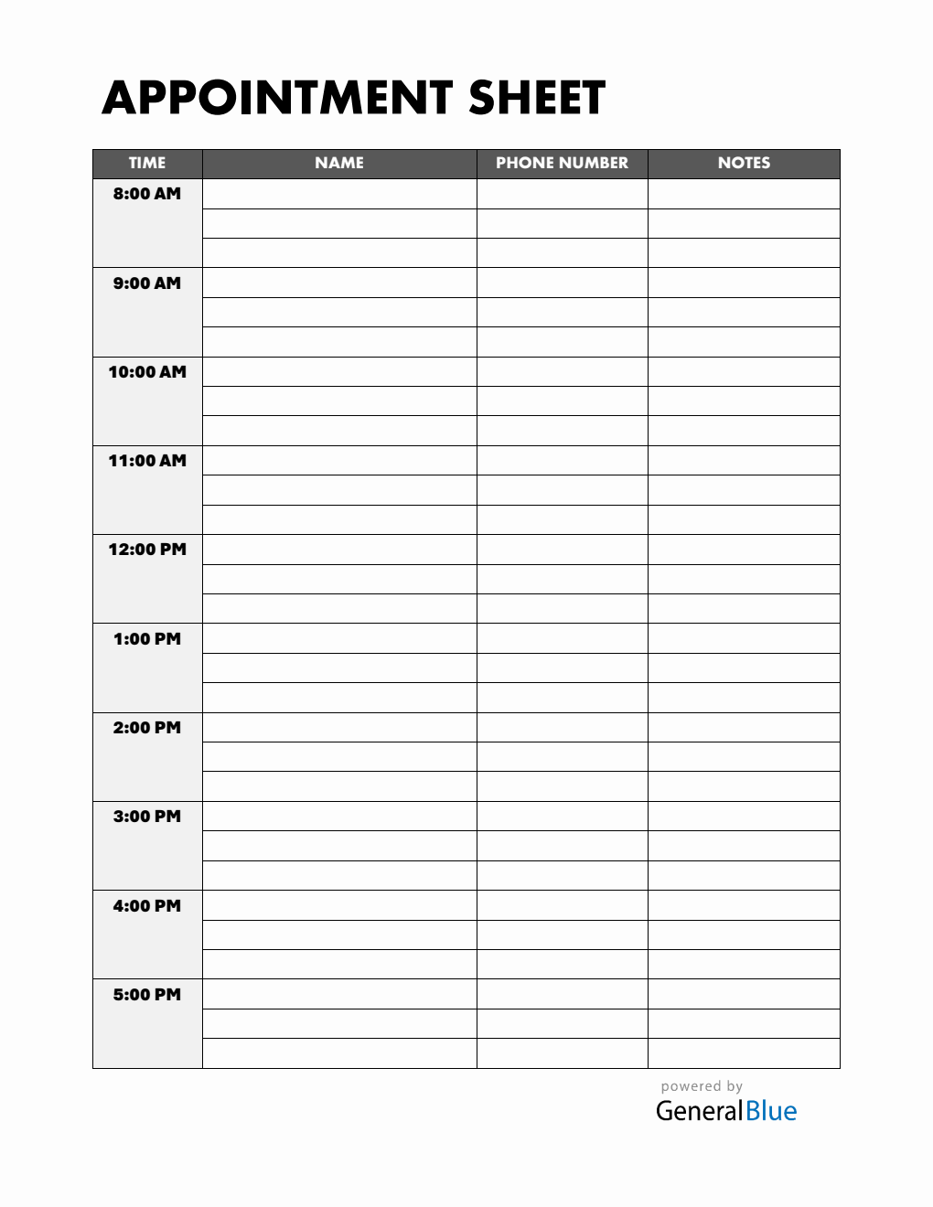 Printable Appointment Sign Up Sheet in Word (1-Hour Interval)