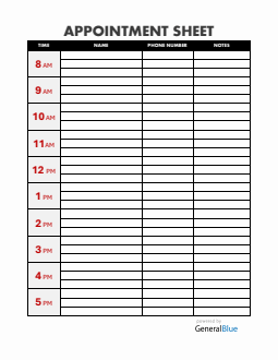 Customizable Appointment Sign Up Sheet in Word (1-Hour Interval)