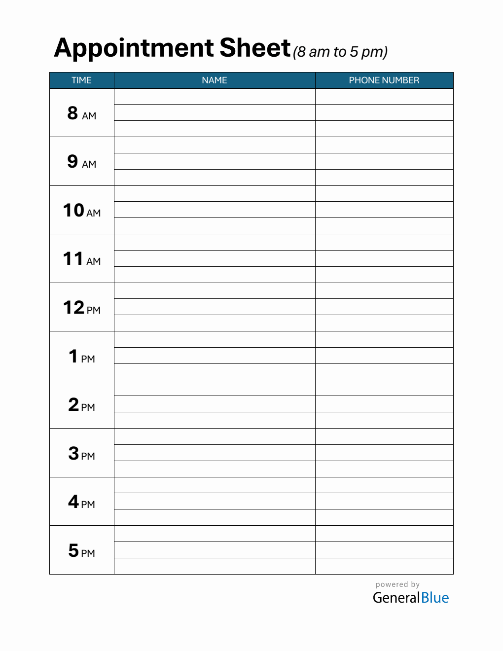 Downloadable Appointment Sign Up Sheet in Word (1-Hour Interval)