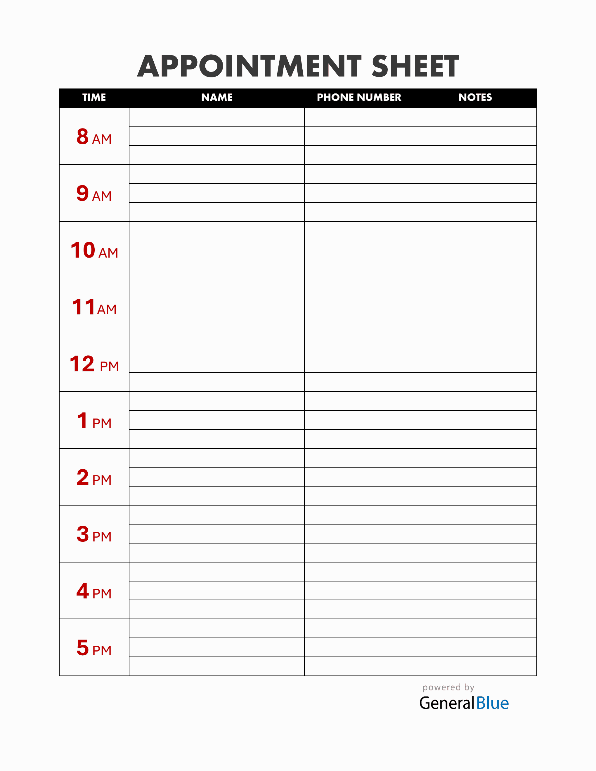 Customizable Appointment Sign Up Sheet PDF (1-Hour Interval)