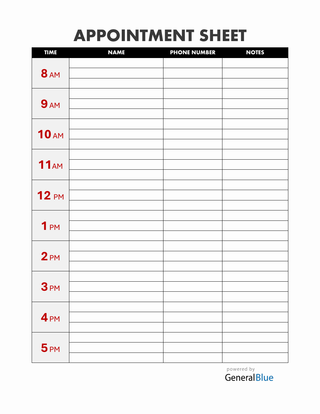 Customizable Appointment Sign Up Sheet in PDF (1-Hour Interval)