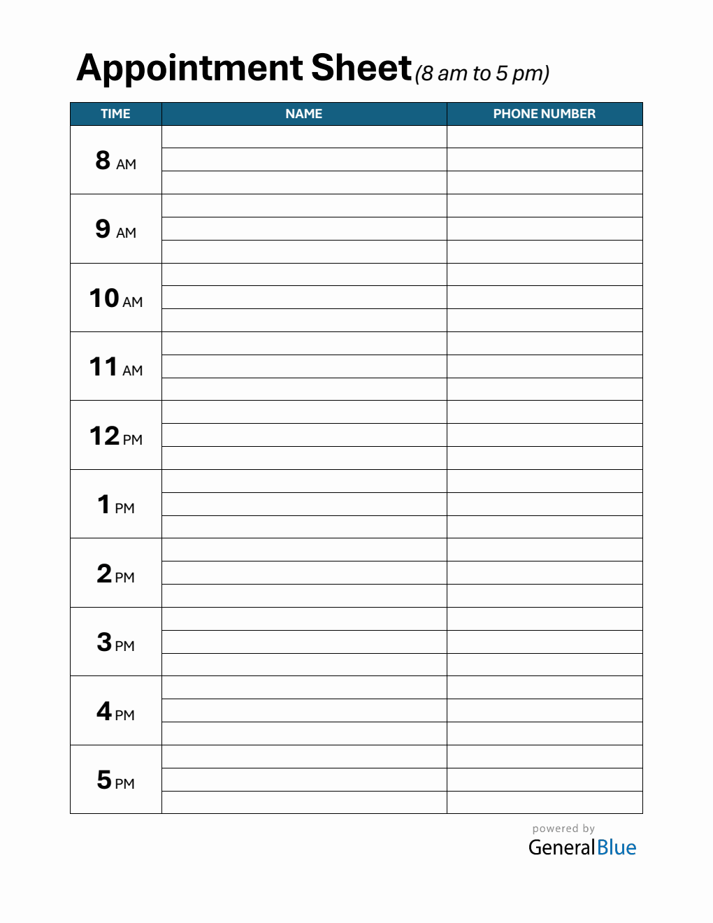 Downloadable Appointment Sign Up Sheet in PDF (1-Hour Interval)
