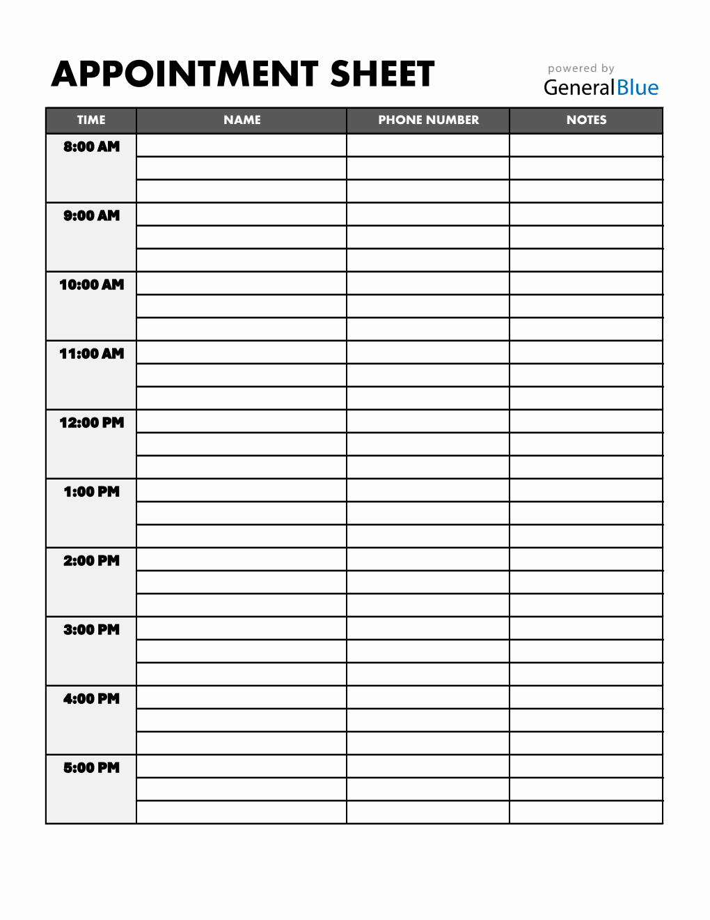 Printable Appointment Sign Up Sheet in Excel (1-Hour Interval)