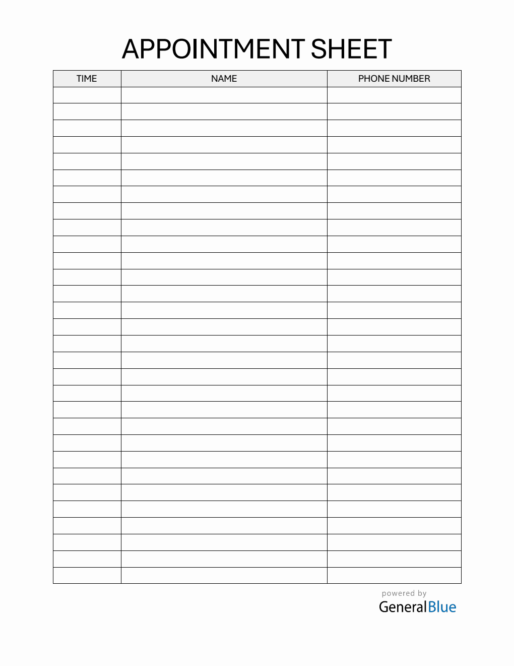  Appointment Sign Up Sheet in PDF (1-Hour Interval)