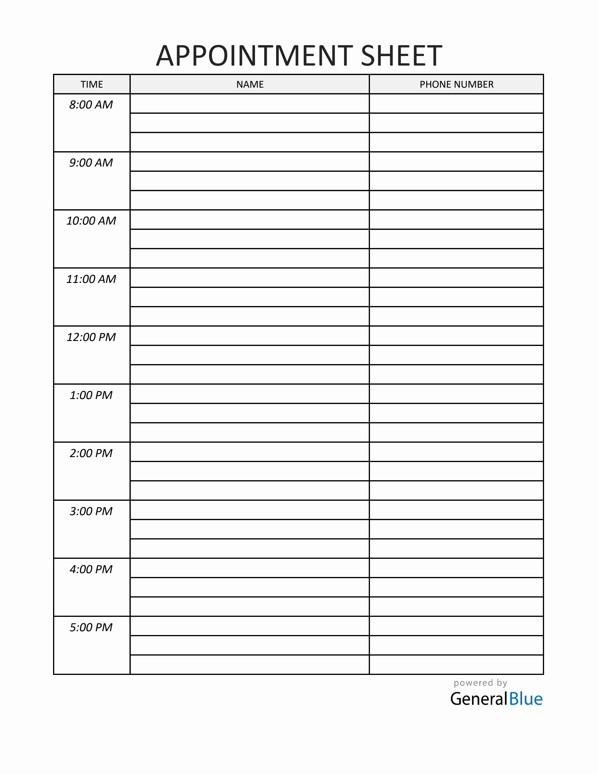 Appointment Sign Up Sheet in Excel (1-Hour Interval)