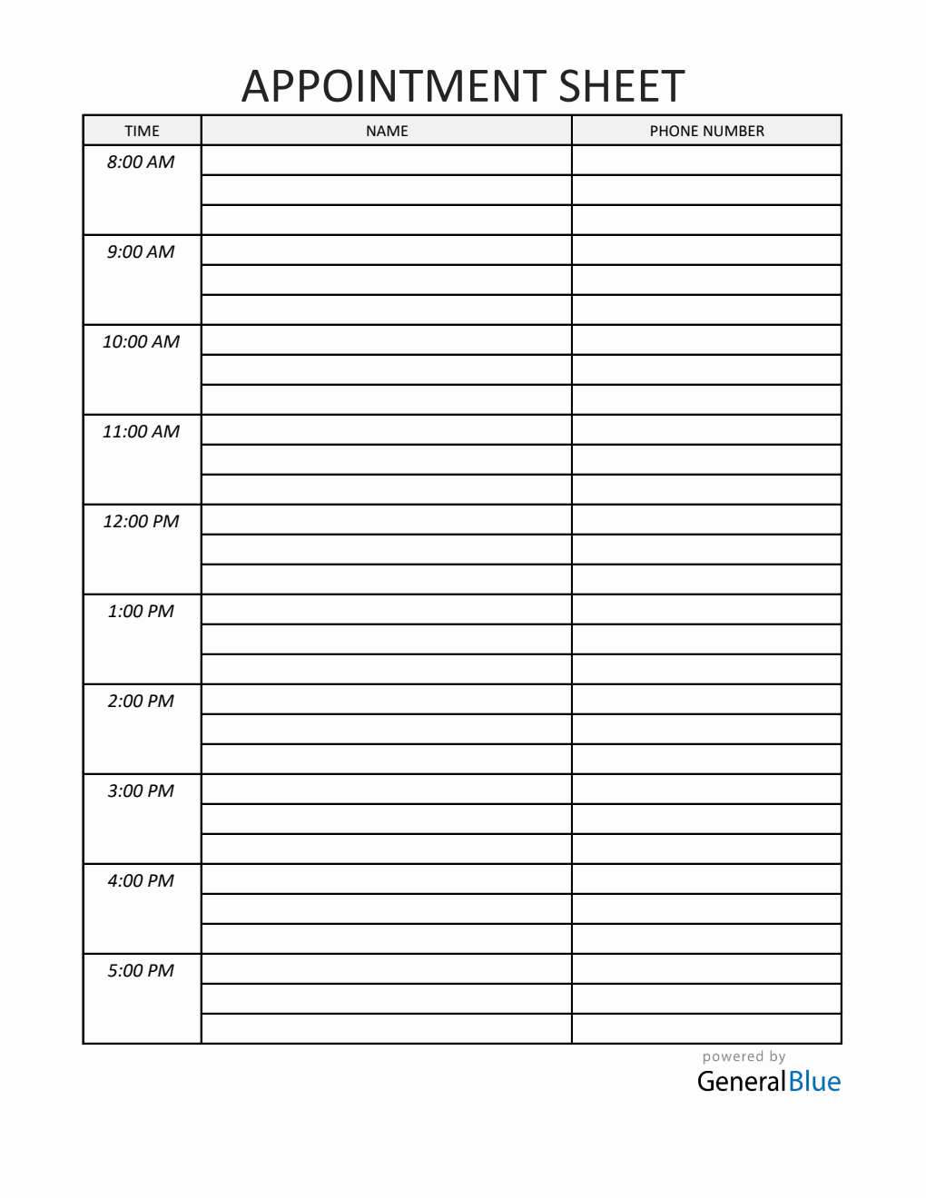  Appointment Sign Up Sheet in Excel (1-Hour Interval)