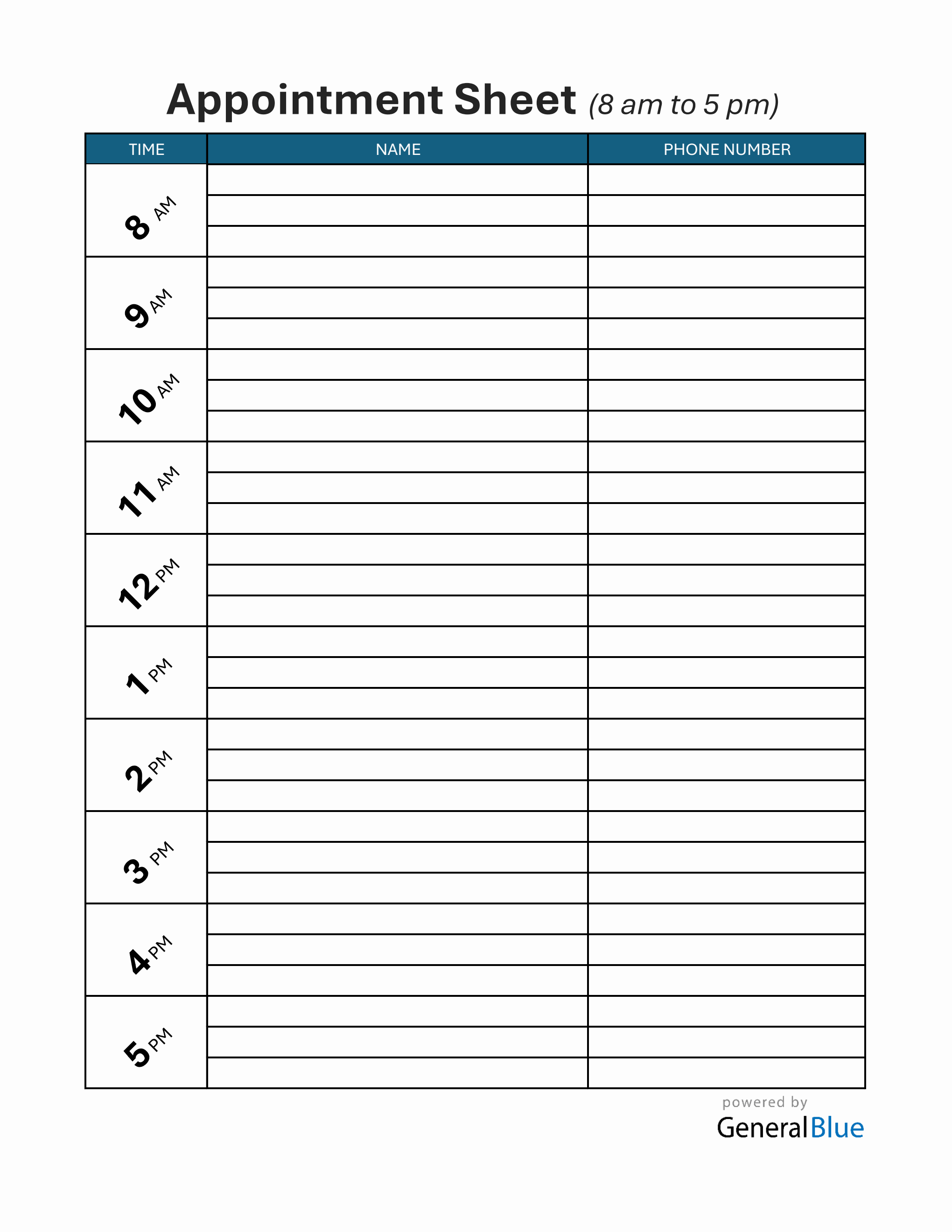 Downloadable Appointment Sign Up Sheet in Excel (1-Hour Interval)
