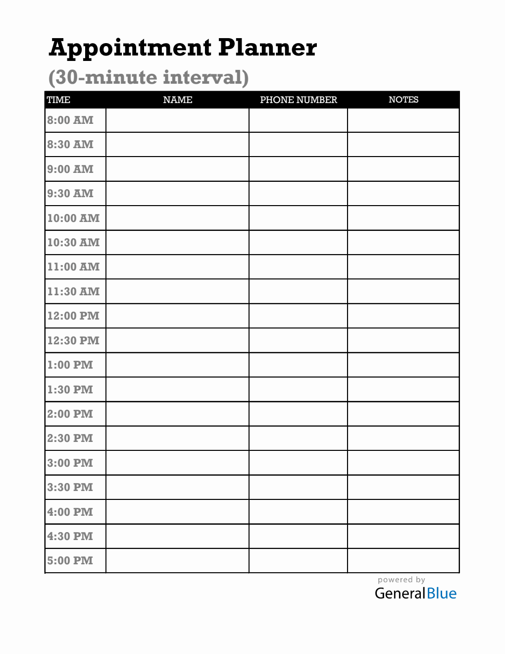 Appointment Form Basic Free Basic Appointment Sheet PDF (30-Minute Interval Schedules)