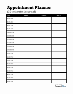 Free Basic Appointment Sheet PDF (30-Minute Interval Schedules)