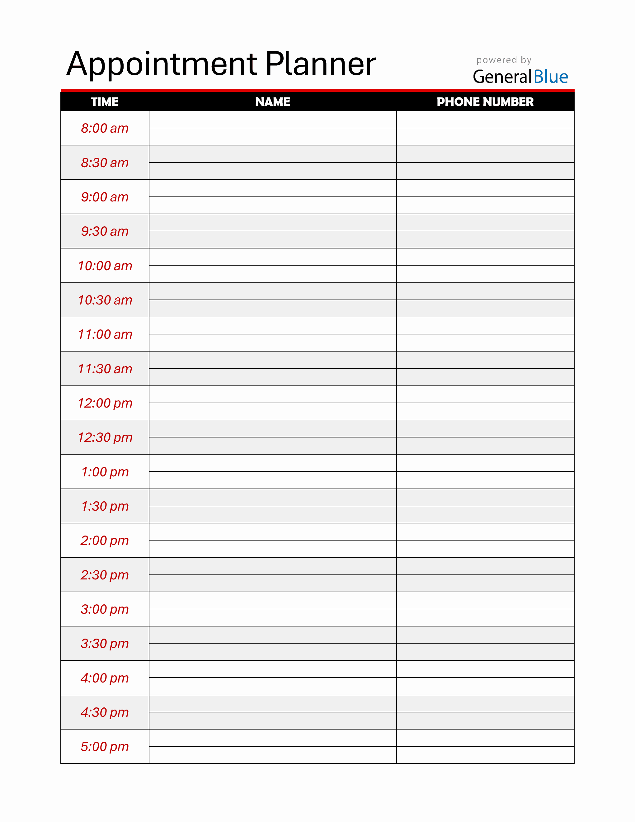 Free Fillable Appointment Sheet PDF (30-Minute Interval Schedules)