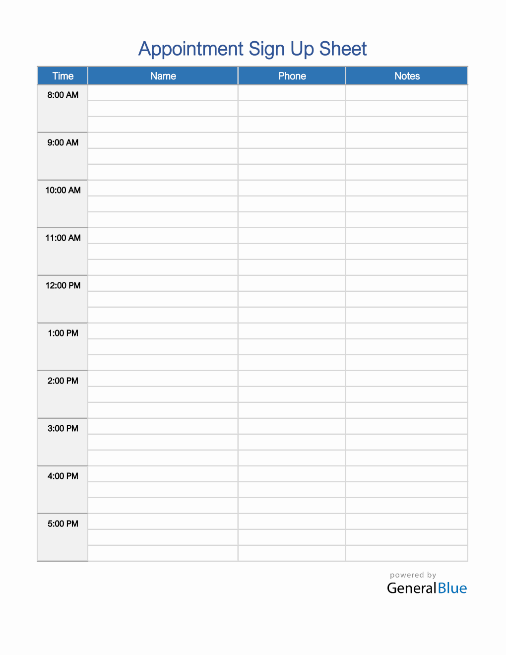 Appointment Sign Up Sheet in Excel