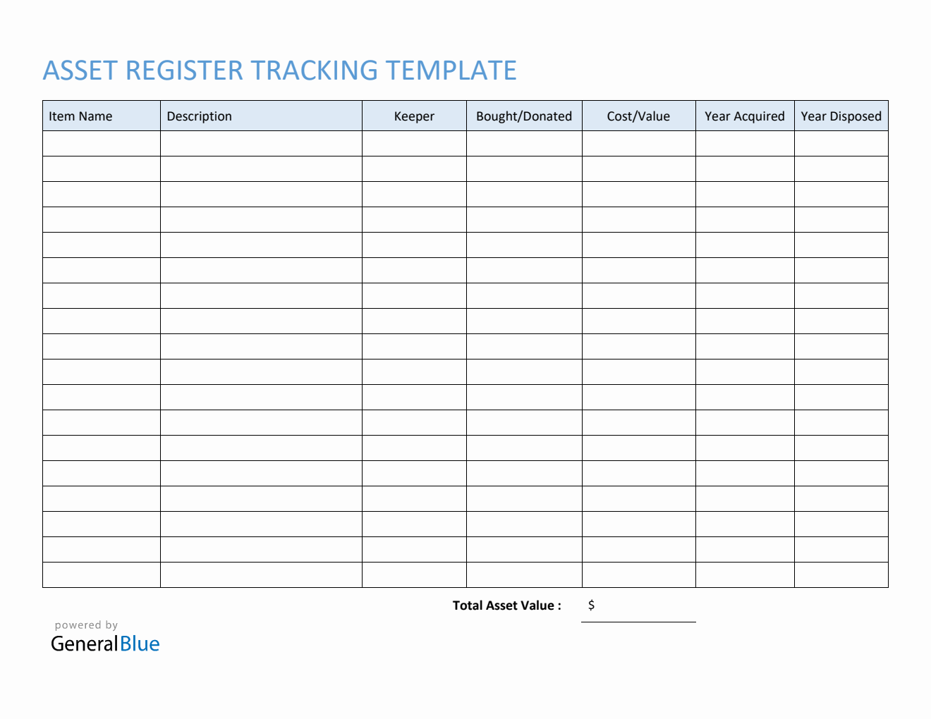 Asset Register Tracking Template in PDF