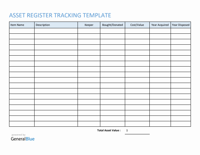 Asset Register Tracking Template in PDF