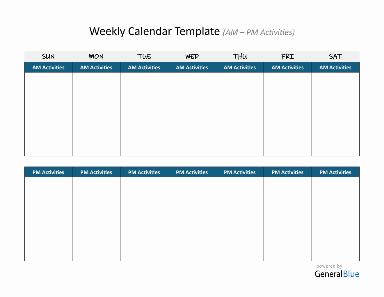 Weekday Table Chart Weekly Calendar Templates
