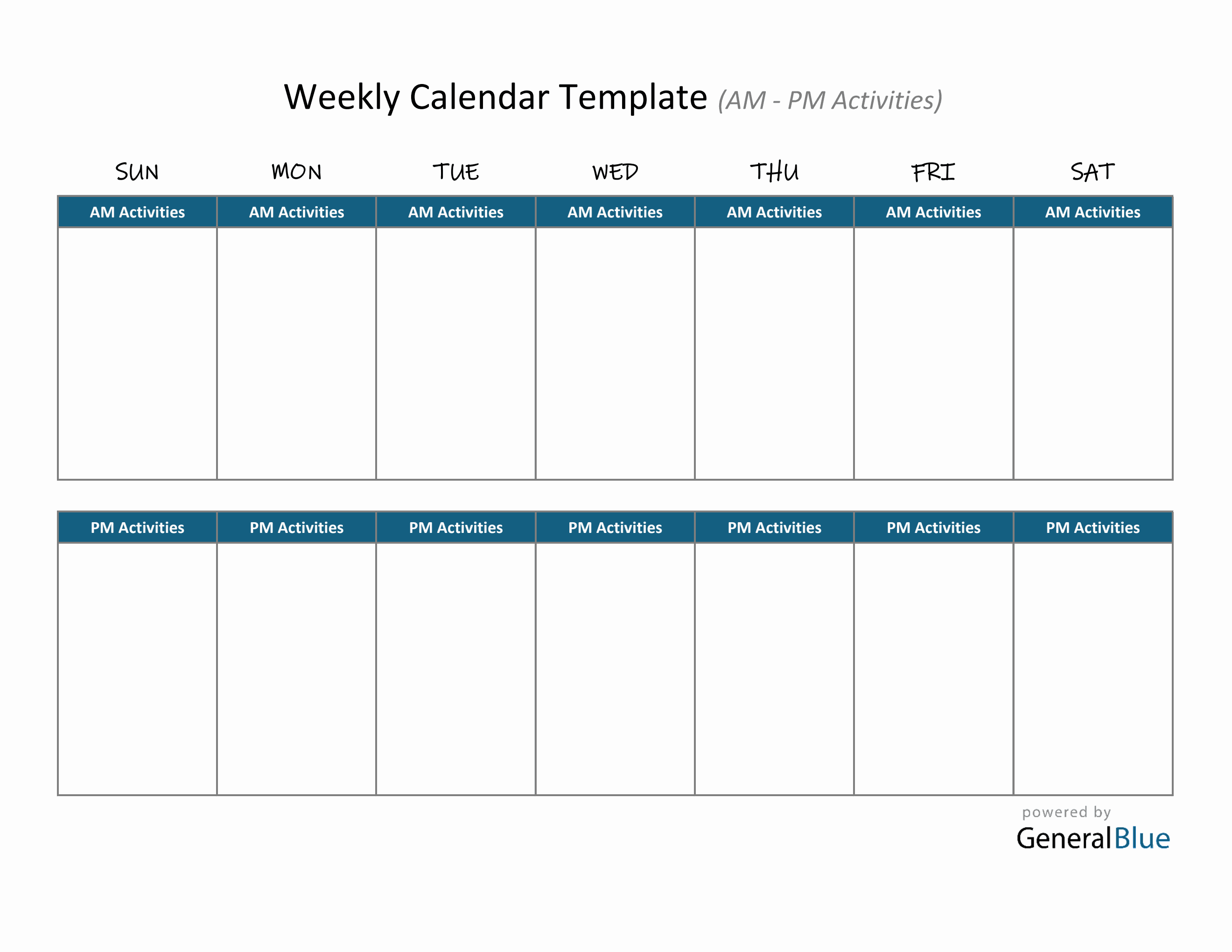 At-A-Glance Weekly Calendar Downloadable in Excel (AM-PM Layout)