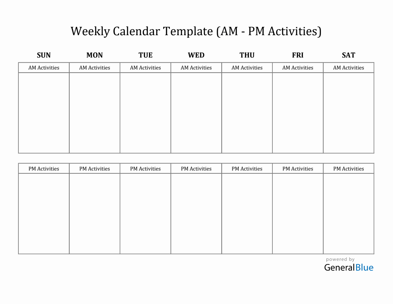 At-A-Glance Weekly Calendar Printable in Excel (AM-PM Layout)