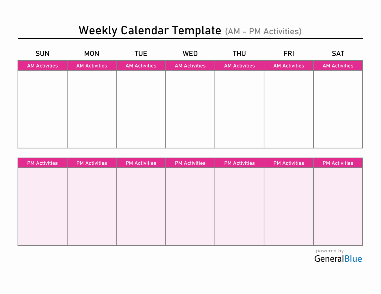 At-A-Glance Weekly Calendar Editable in Excel (AM-PM Layout)