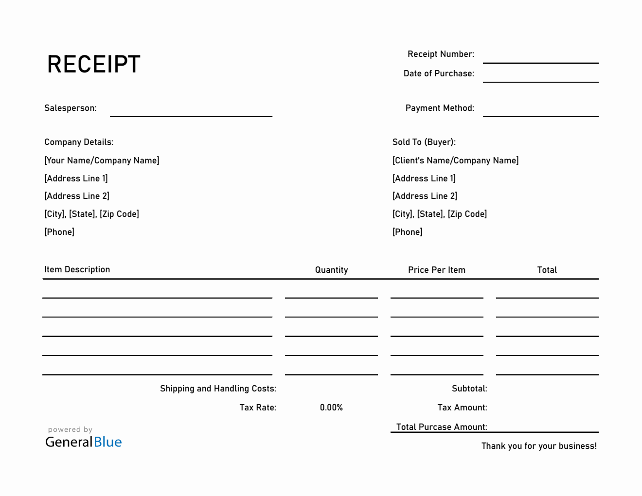 Printable Receipt Template in Excel