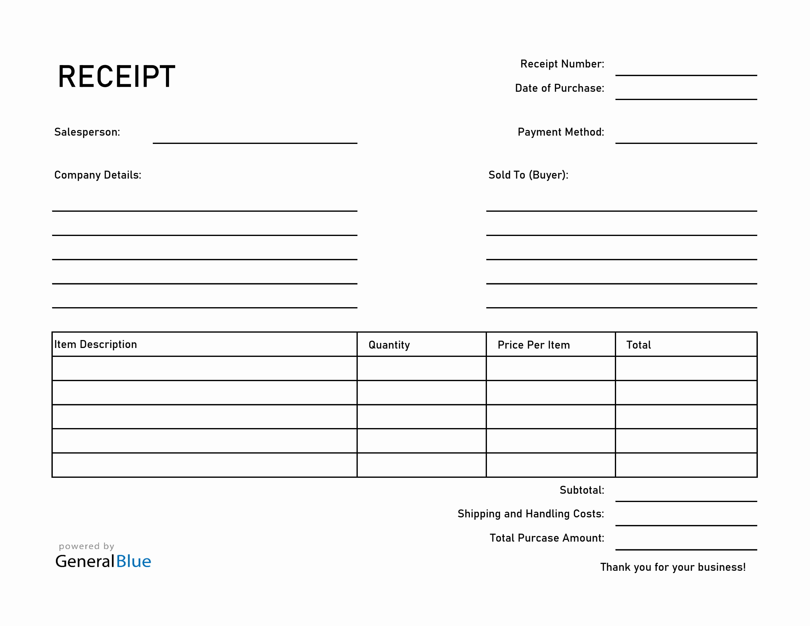 Basic Receipt Template in Excel