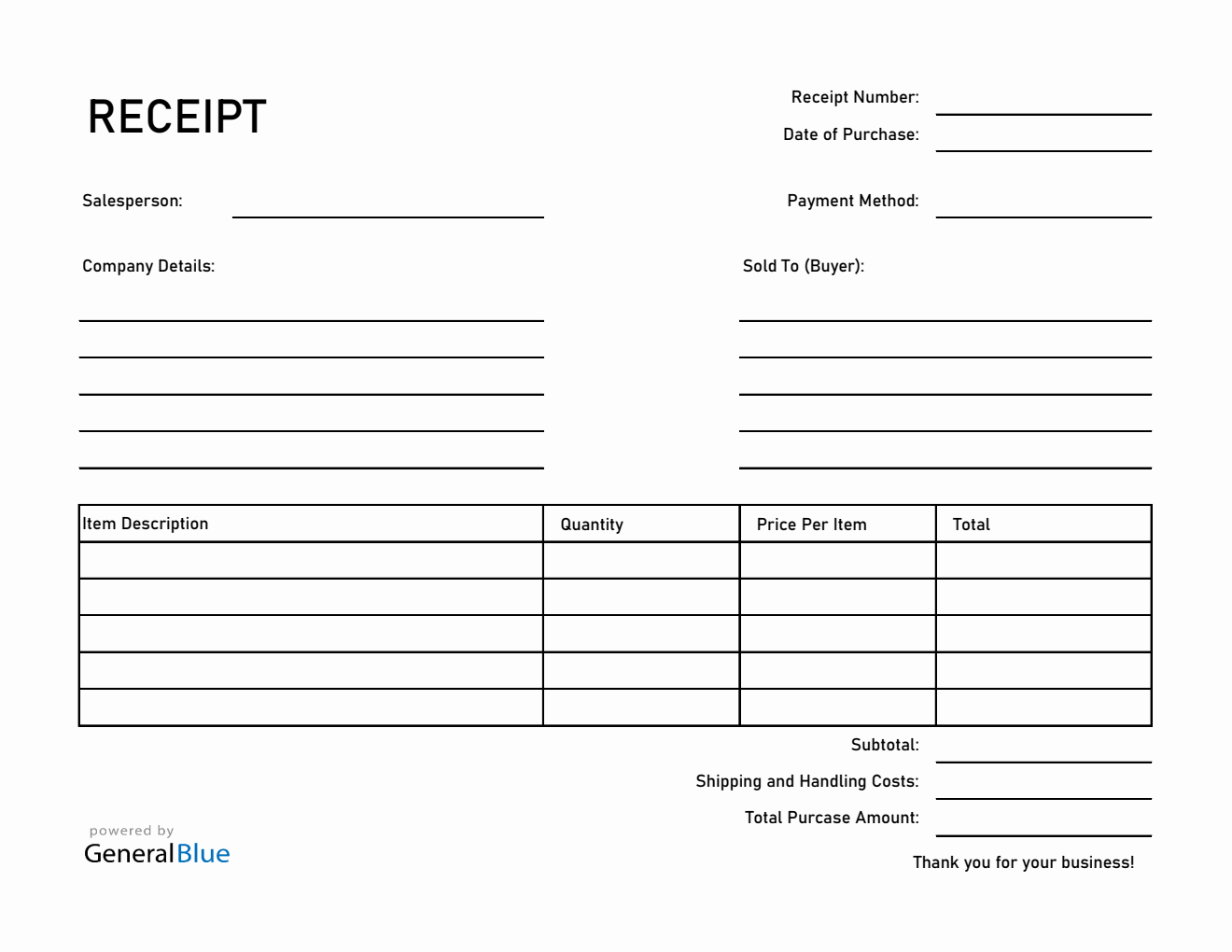 Basic Receipt Template in Excel