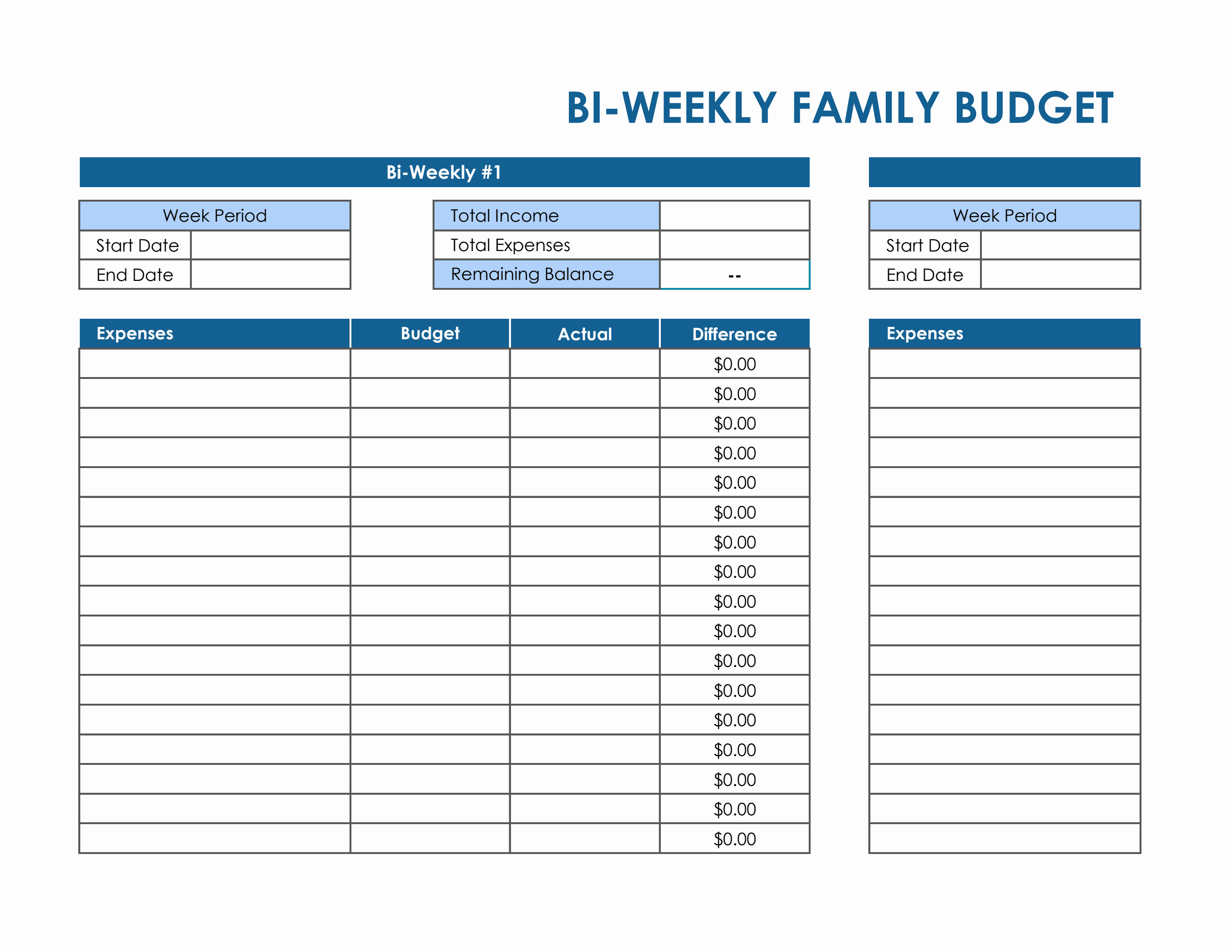BiWeekly Family Budget Template in Excel