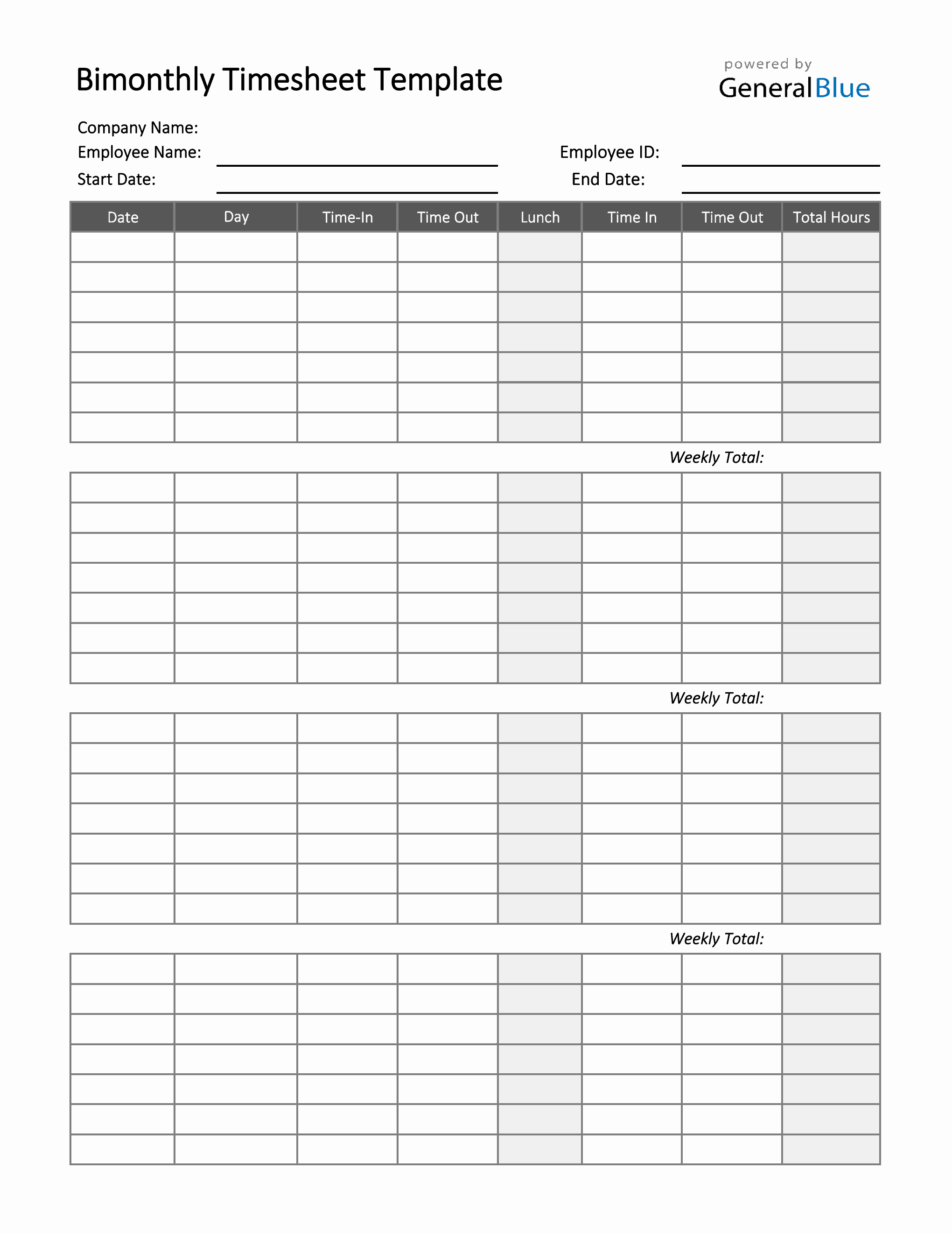 Bimonthly Timesheet Template in Excel