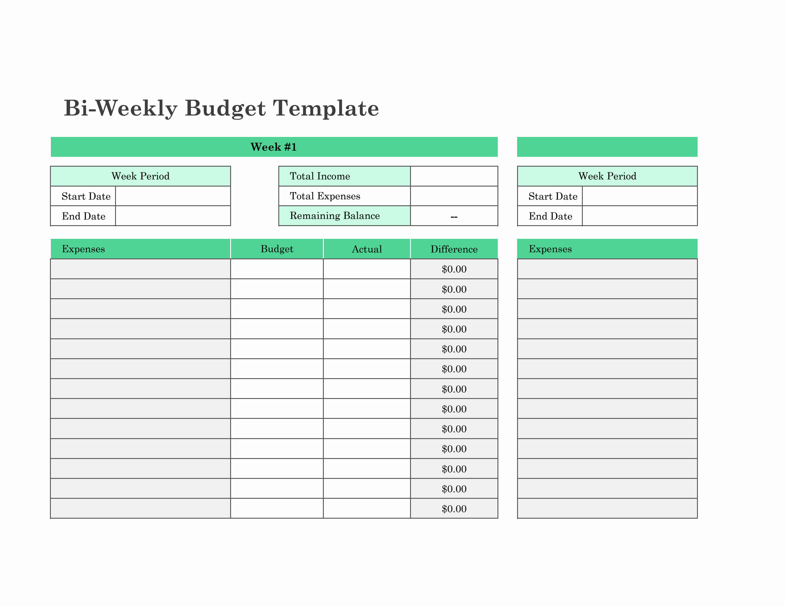 Biweekly Budget Template in Excel (Green)