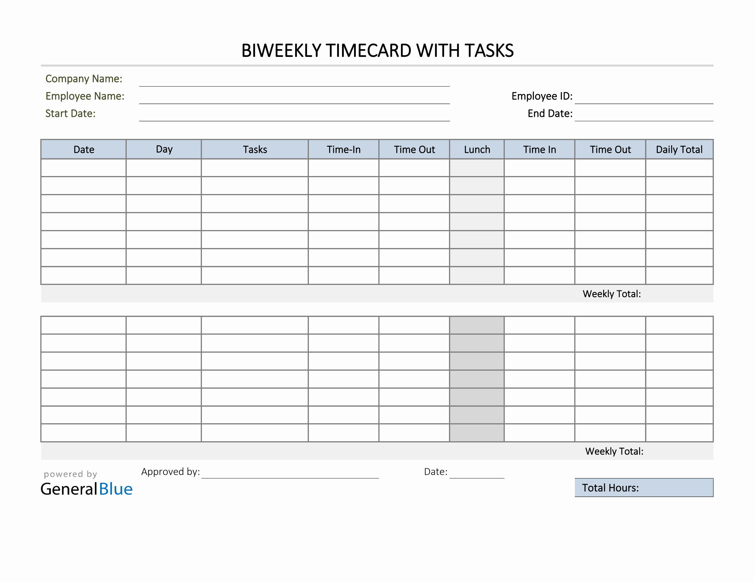 Excel Biweekly Timecard With Tasks