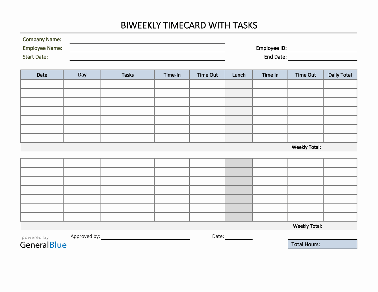 Excel Biweekly Timecard With Tasks