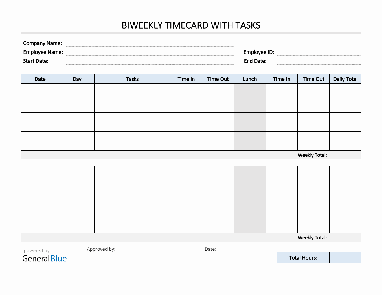 Biweekly Timecard With Tasks in Word