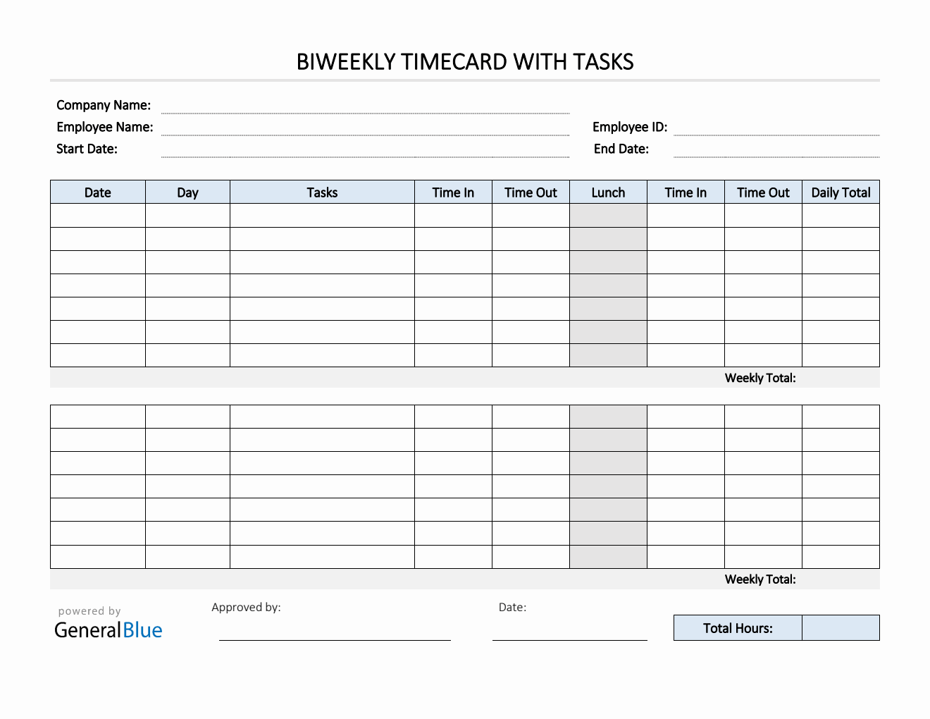 Biweekly Timecard With Tasks in PDF