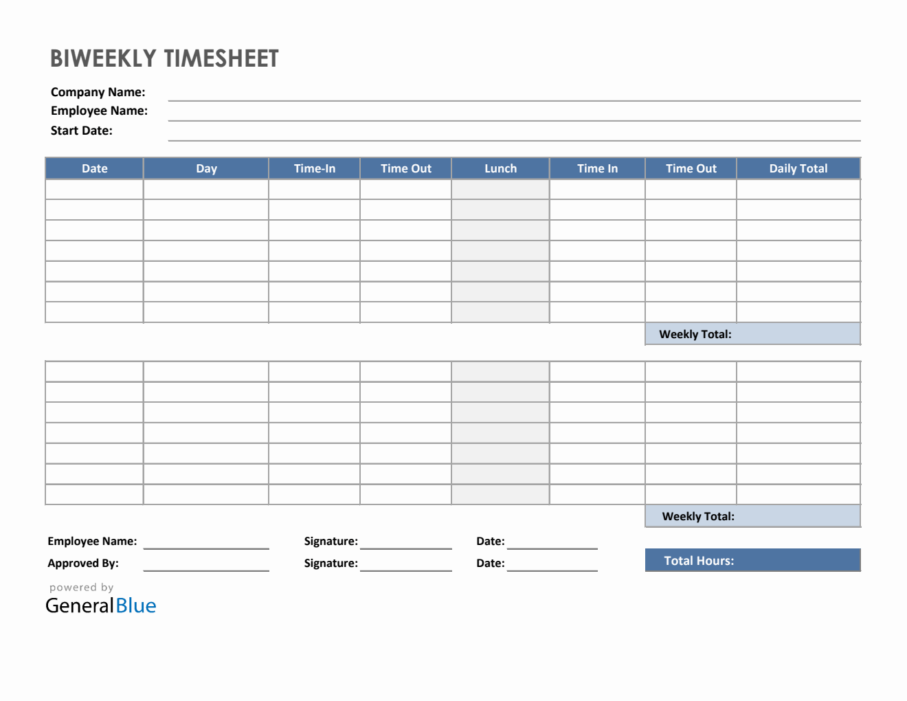 Biweekly Timesheet with Lunch Break in Excel