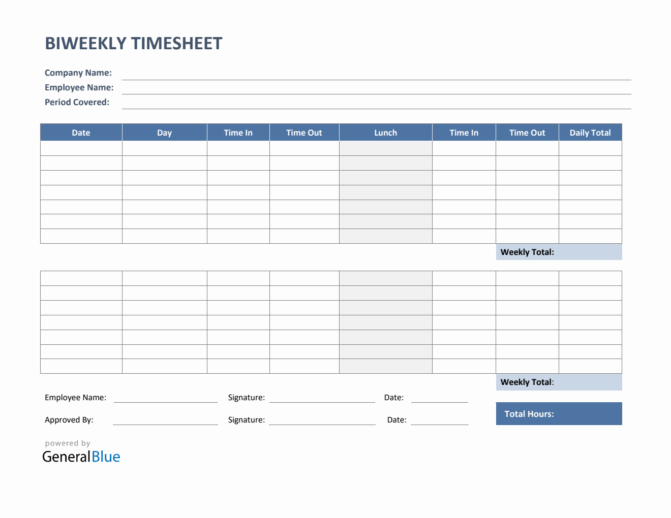 Biweekly Timesheet with Lunch Break in Word