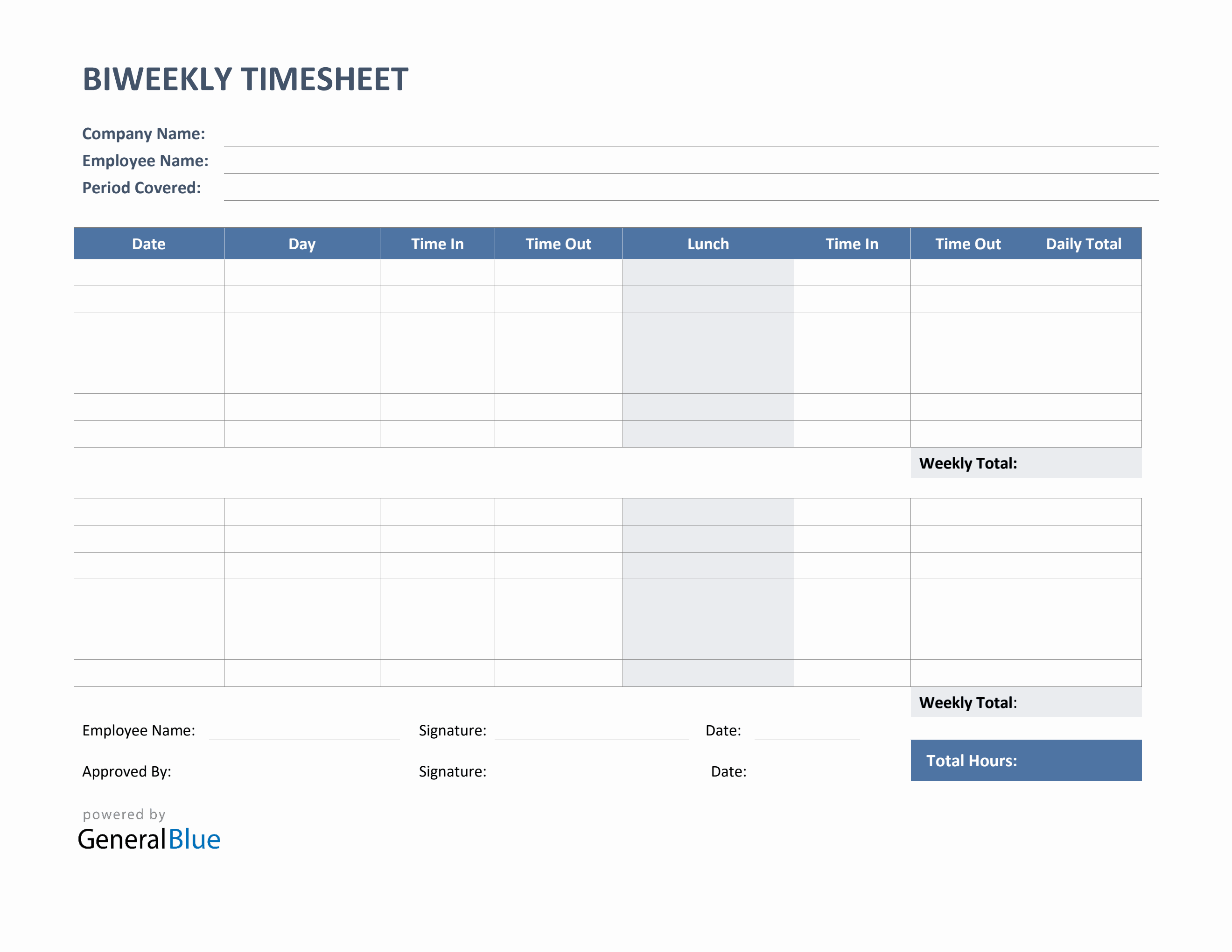 Biweekly Timesheet With Lunch Break In PDF Biweekly Timesheet With Lunch Break In PDF