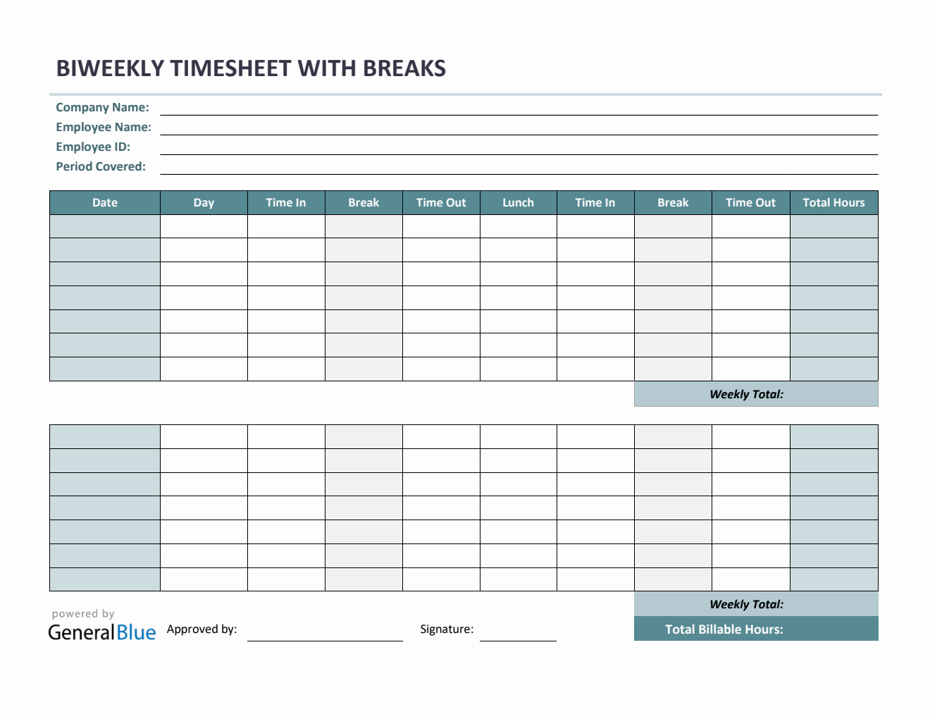Biweekly Timesheet With Multiple Breaks in PDF