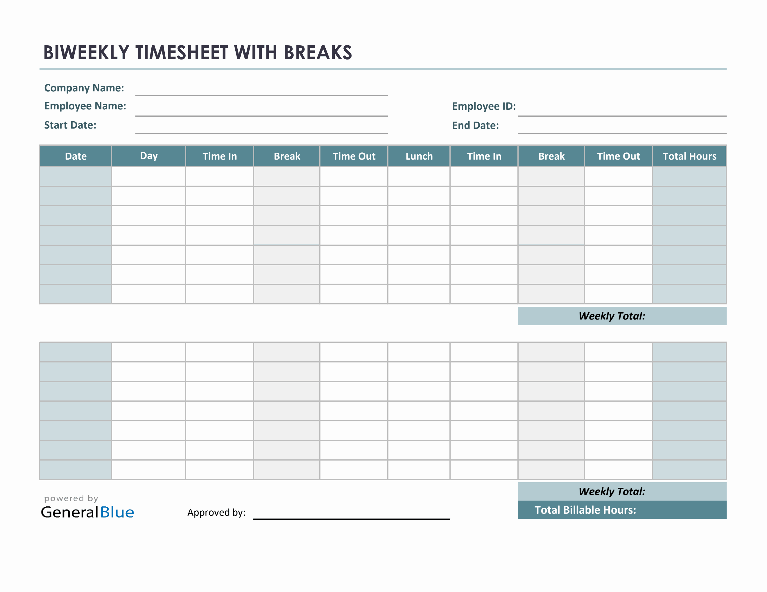 Biweekly Timesheet With Multiple Breaks In Excel