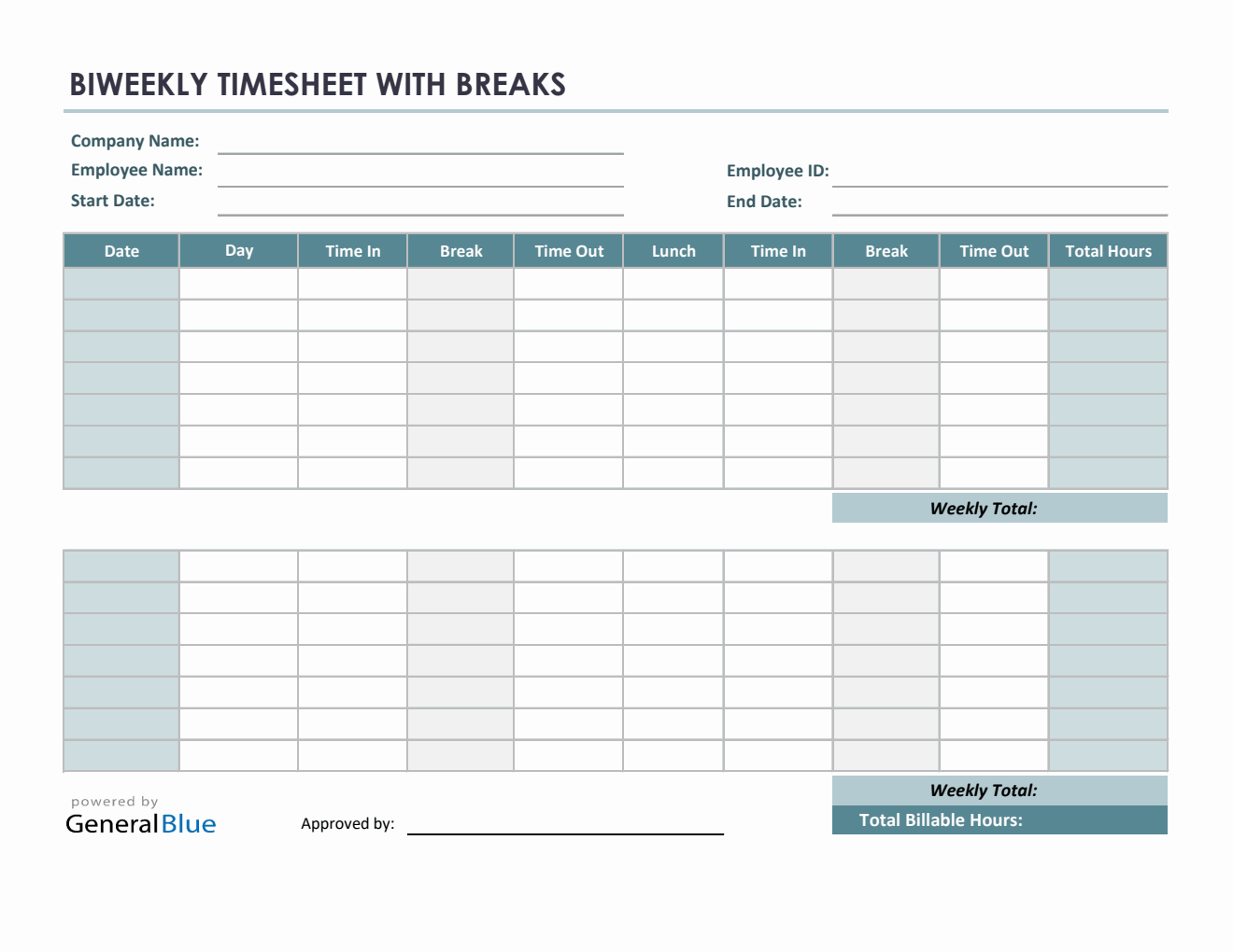 Biweekly Timesheet With Multiple Breaks in Excel